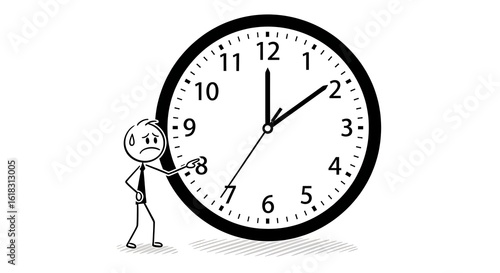 Cartoon stick figure expressing stress about time pressure and deadlines near a clock
