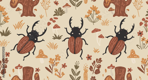 Whimsical Beetles' Floral Fantasy: Charming beetles waltz gracefully amidst a tapestry of whimsical trees, dainty mushrooms, and delicate floral accents, creating a whimsical scene.