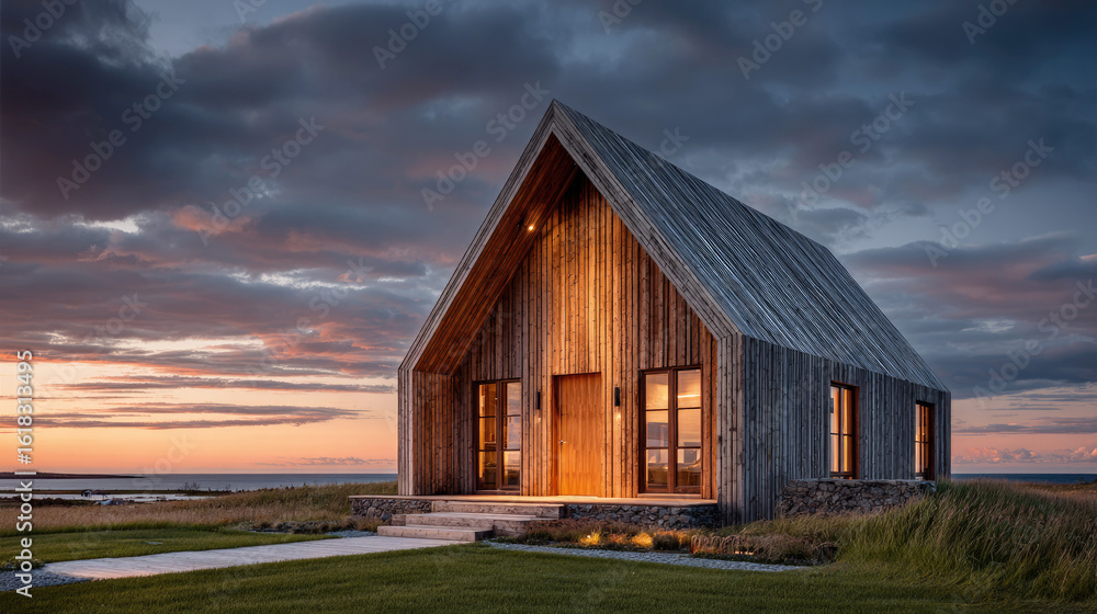 Obraz premium Modern wooden cabin with warm lighting set in scenic coastal landscape at sunset, representing tranquility, architecture, solitude and sustainable living in nature.