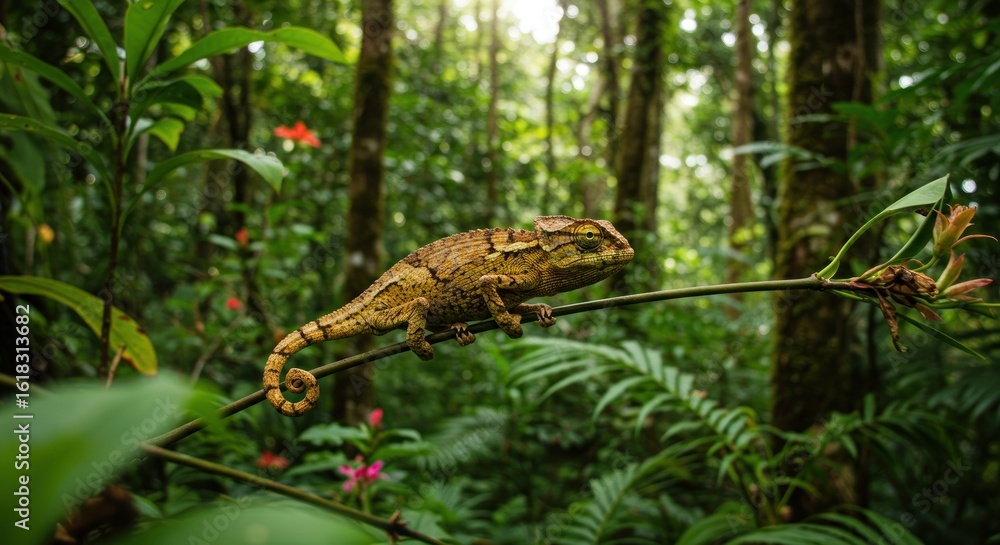 Naklejka premium Yellow chameleon perched on thin branch amid lush, green jungle