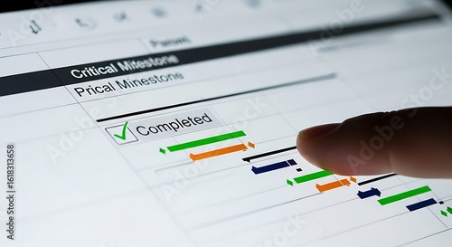 Achieving a critical milestone in project management. A person interacts with a Gantt chart on a touch screen device to mark a task as completed.