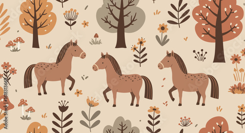 Equine Harmony: A heartwarming scene unfolds with three graceful horses, peacefully navigating a stylized forest landscape, adorned with detailed foliage and a palette of soft, inviting tones.
