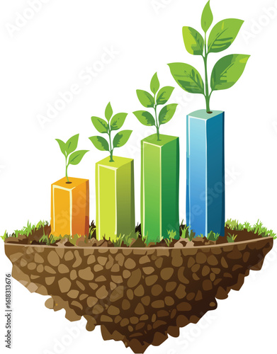 Bar Graph Sprouting from Soil as a Metaphor for Business Growth and Success