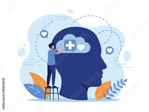 A person on a stool places health and love symbols into a large head, representing mental wellness.