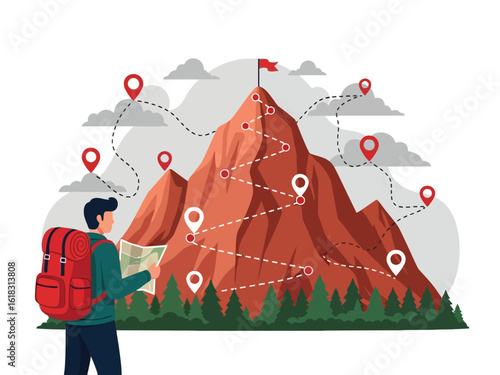 A traveler with a backpack and map plans his route up a mountain marked with waypoints to the summit.