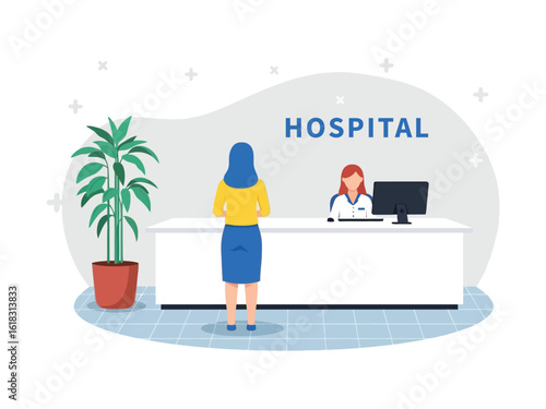 A woman stands at a hospital reception desk, checking in with the female receptionist.