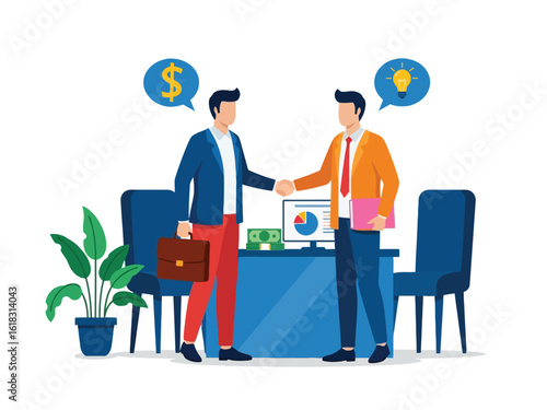 Two businessmen shaking hands to finalize a deal, exchanging an investment for a creative business idea.