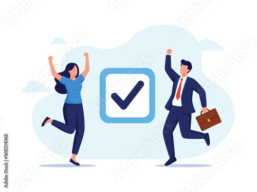 Joyful business people celebrate a completed task, jumping next to a large checkmark icon.