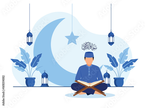 A Muslim man reads the Quran while sitting cross-legged, surrounded by lanterns and a crescent moon.