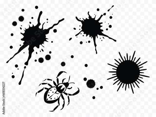 Halloween themed vector illustration featuring black ink splatters and a cartoon spider on a transparent background