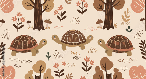 Tortoise Pattern: A seamless, charming pattern features adorable tortoises amidst stylized trees, flowers, and foliage in a warm, inviting color palette, evoking a sense of tranquility and whimsy.