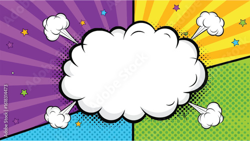 A vibrant pop art background with a large, empty explosion cloud on colorful comic book style panels.