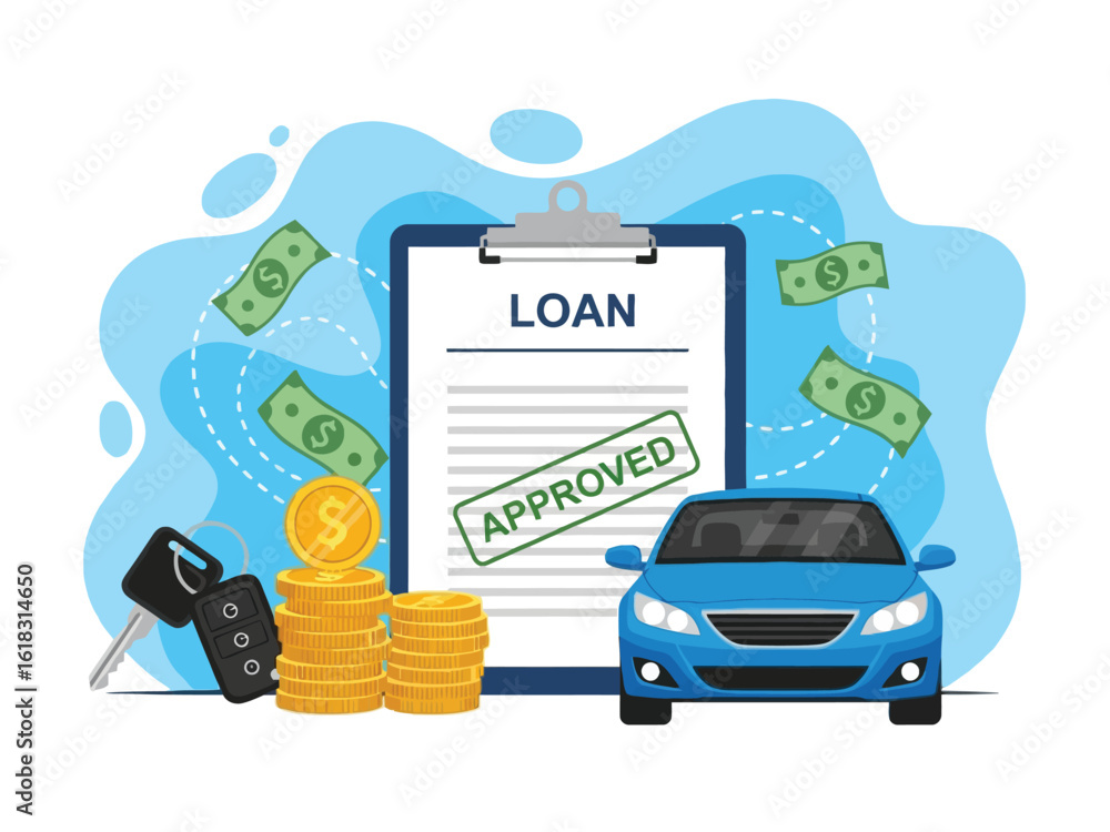 Naklejka premium Illustration of an approved car loan application with a blue vehicle, cash, and keys.