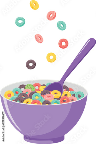 Colorful cereal rings falling into purple bowl with spoon healthy breakfast concept vector illustration