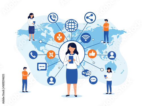 A woman at the center of a global communication network, connected by various social media and technology icons over a world map.