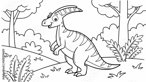 Vector Cartoon funny Parasaurolophus, funny image in the forest, Coloring book page for children. Line Art isolated on white background