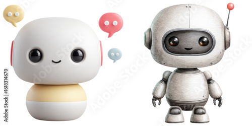 Adorable robots with cheerful expressions, one with speech bubbles and other with retro design, perfect for playful business