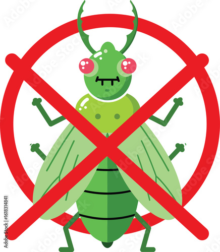 Green bug with prohibition sign vector illustration for pest control and insect prevention concept