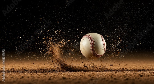 A baseball suspended in mid-air, kicking up dust from the ground against a dark background.