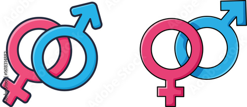 Male and female gender symbols vector design with interlocking and separate icons for gender identity and equality concepts