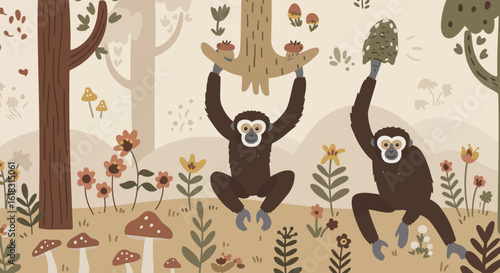 Playful Gibbons: Two gibbons swing joyfully amidst a whimsical woodland backdrop, full of flowers and mushrooms, capturing the playful spirit of the jungle.