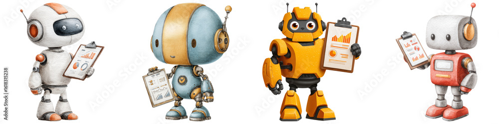 Fototapeta premium Adorable robots holding clipboards with charts, perfect for Business B2B themed designs or futuristic concepts