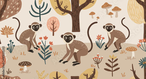 Playful Monkeys in Nature: Adorable illustrated monkeys frolic amidst an enchanting woodland scene filled with whimsical trees and charming mushroom. This playful image.