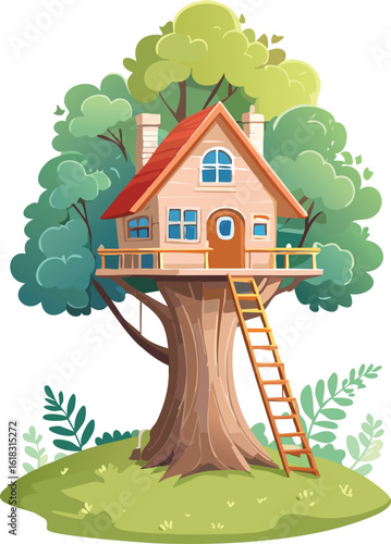 Whimsical Cartoon Forest with Treehouse in Soft Fantasy Colors