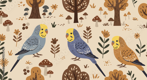 Whimsical budgerigars in dream forest: A charming illustration of budgerigars perched amidst a fantasy forest, featuring stylized trees, mushrooms, and flora in warm, earthy tones.