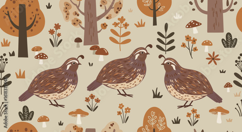 Whimsical Quail Pattern: An charming repeat pattern featuring illustrations of three quail nestled amongst autumnal trees, mushrooms, and foliage.