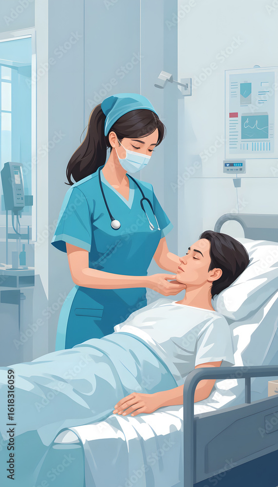 Obraz premium Flat vector illustration of nurse taking care of patient in hospital bed.