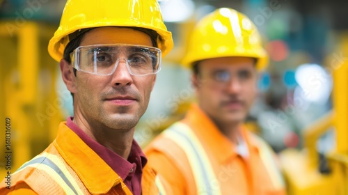 Two professionals in safety gear working near machinery in an industrial factory.