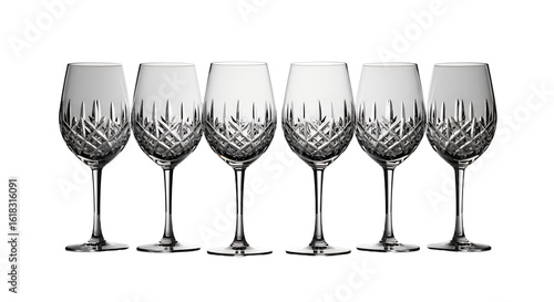 Five Elegant Crystal Wine Glasses on Tabletop Sparkling Clear Cut Glassware Perfect for Party