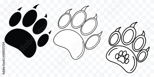 Bear Paw Print Vector Illustration Set Depicting Wildlife Symbolism and Animal Track Design with Multiple Variations for Creative Projects