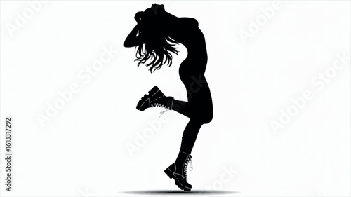 Dynamic black and white silhouette of a woman in motion against a clean white background