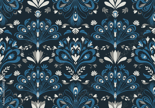 Seamless pattern with hand-drawn stylized peacock feathers, botanical flourishes, and abstract florals in peacock blue, white, and dove gray on dark navy background for heritage-inspired decor