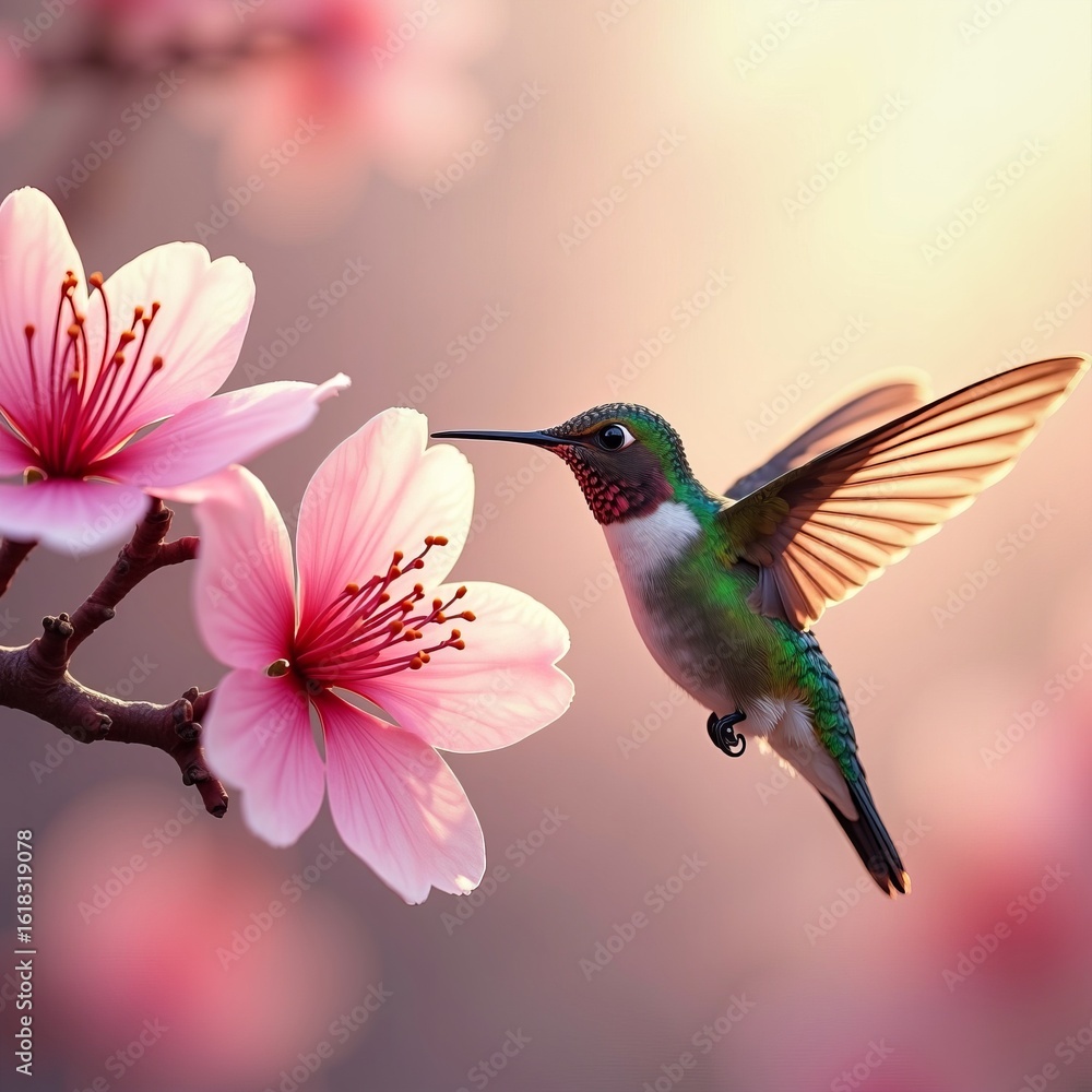 Fototapeta premium Hummingbird hovering near pink cherry blossom flowers in spring with soft sunlight and blurred pastel background