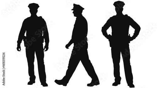 Three silhouettes of police officers in uniform posing in different stances on a white background
