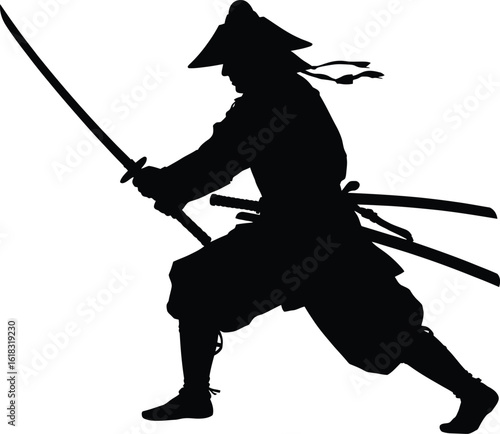 Silhouette of a samurai warrior in a fighting stance holding a katana on a white background image view