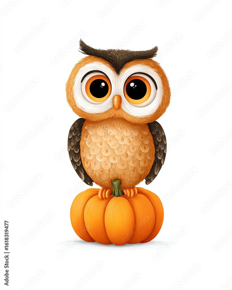 Fototapeta premium Whimsical Owl on Pumpkin: A charming illustration of an owl perched atop a vibrant orange pumpkin. This delightful scene evokes feelings of autumn and celebration. 
