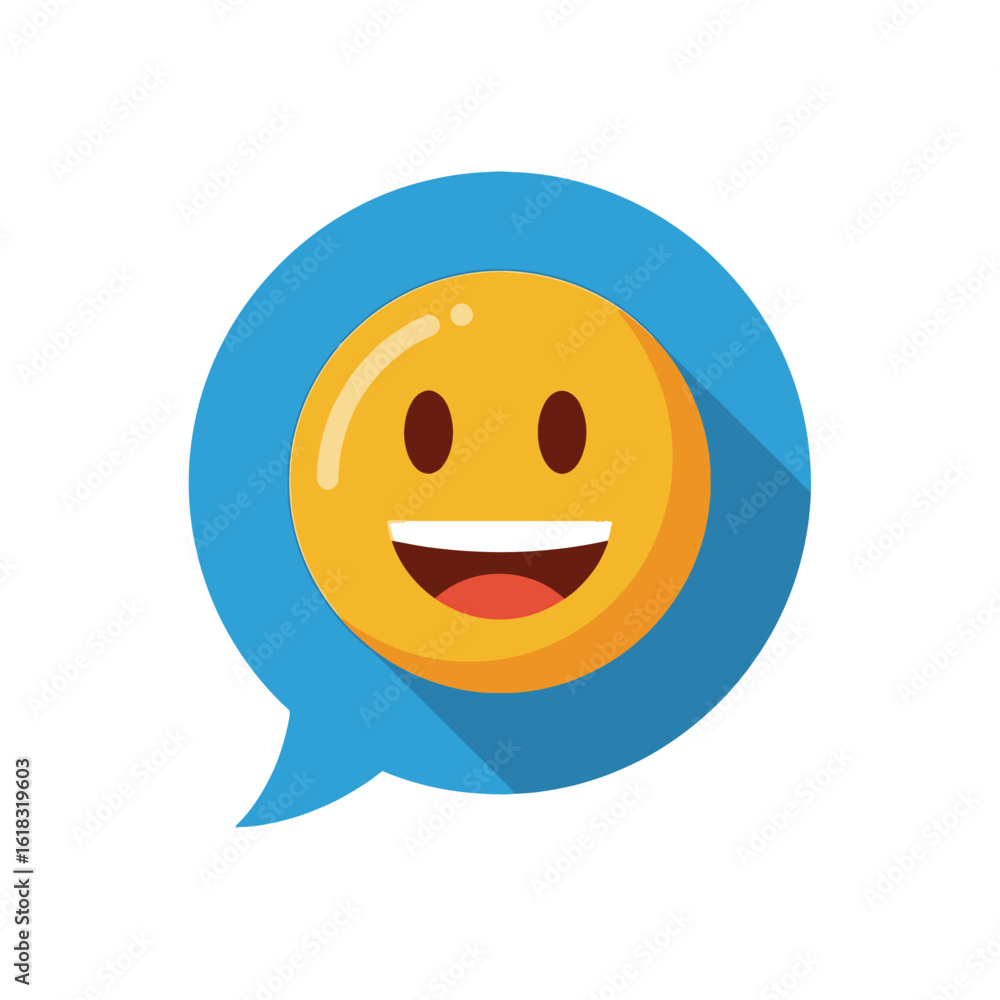 Fototapeta premium Happy yellow emoji with an open mouth smile inside a blue speech bubble, featuring a flat design style and a long shadow.