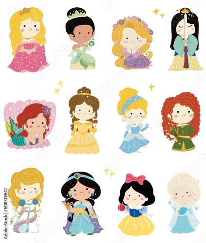 Cute little princess illustration elements - Cinderella, aurora, rapunzel, belle, snow white, elsa, ariel mermaid set objects. Wonderland
