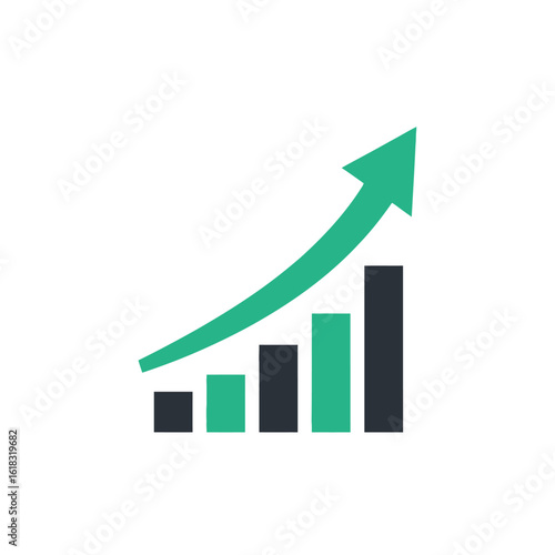 Minimalist growth chart icon with alternating green and black bars and a rising curved arrow indicating progress and success. Free Download Minimalist growth chart icon with alternating green and black bars and a rising curved arrow indicating progress and success. - GFXLoad