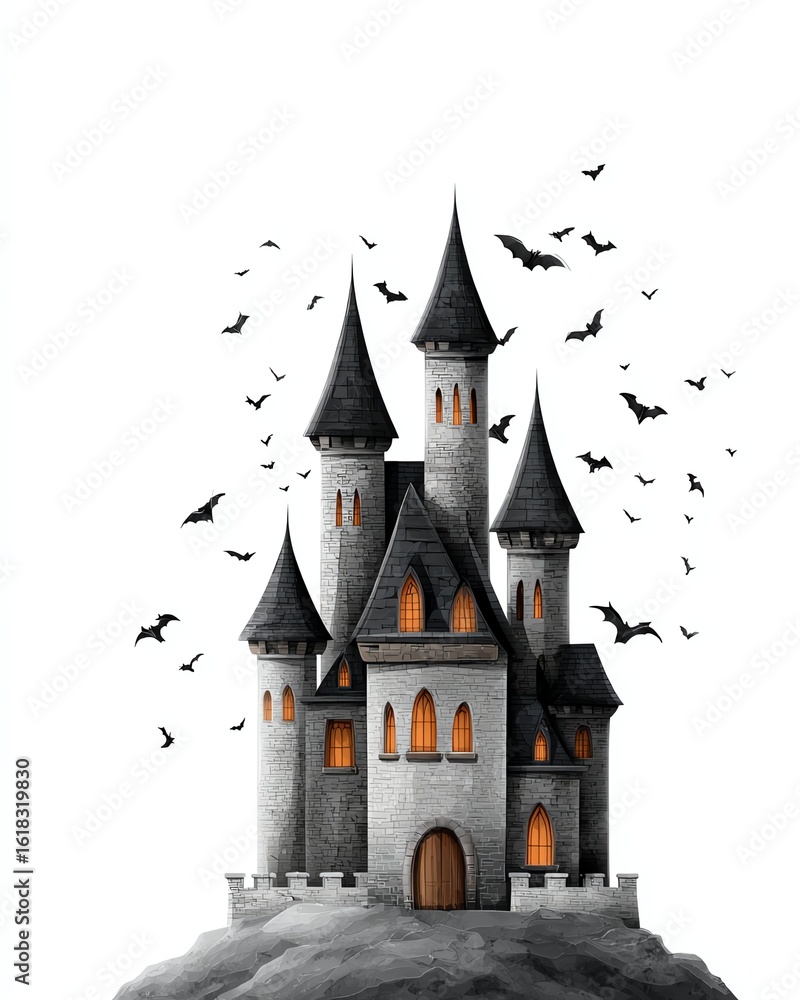 Obraz premium Spooky castle and flock of bats: A gothic castle stands silhouetted against a dusky sky, with a flock of bats swirling around it, evoking an atmosphere of mystery and the supernatural.