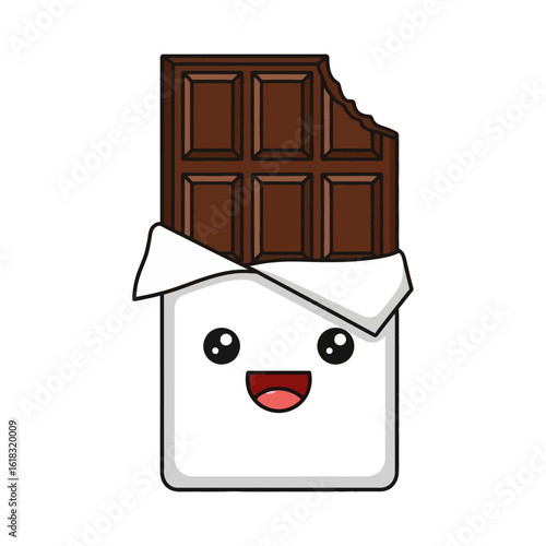 A happy kawaii chocolate bar character with a bite mark, unwrapped from its white packaging.