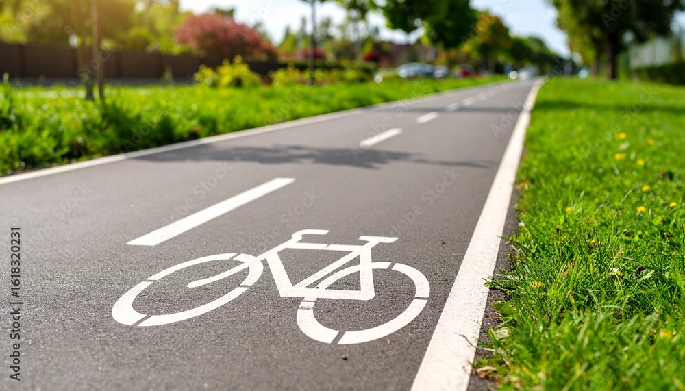 Obraz premium Realistic empty bicycle lane with clear white markings painted on smooth dark asphalt, captured in bright natural daylight. The scene shows clean pavement texture with vivid contrast, subtle shadows, 