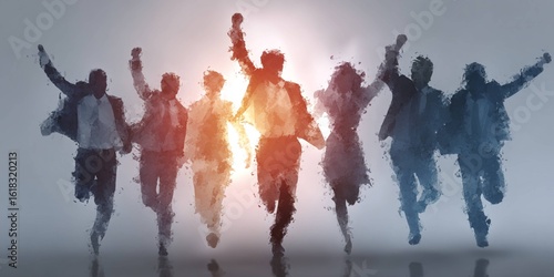 A group of people in silhouette celebrating success. A group of running people celebrate success and triumph.