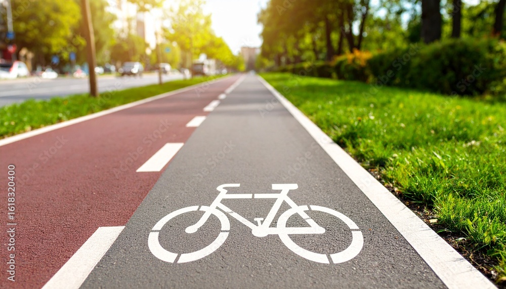 Obraz premium Realistic empty bicycle lane with clear white markings painted on smooth dark asphalt, captured in bright natural daylight. The scene shows clean pavement texture with vivid contrast, subtle shadows, 