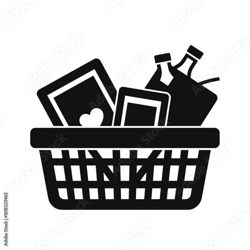 Black basket filled with items including photographs and bottles, lost & found  