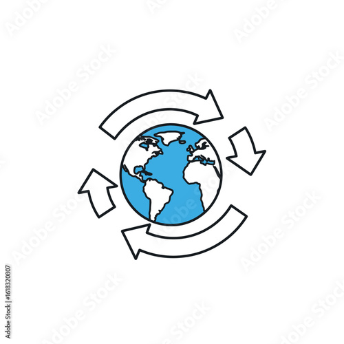 Blue and white planet Earth icon with black outlines, circled by four clockwise pointing arrows representing a global cycle.